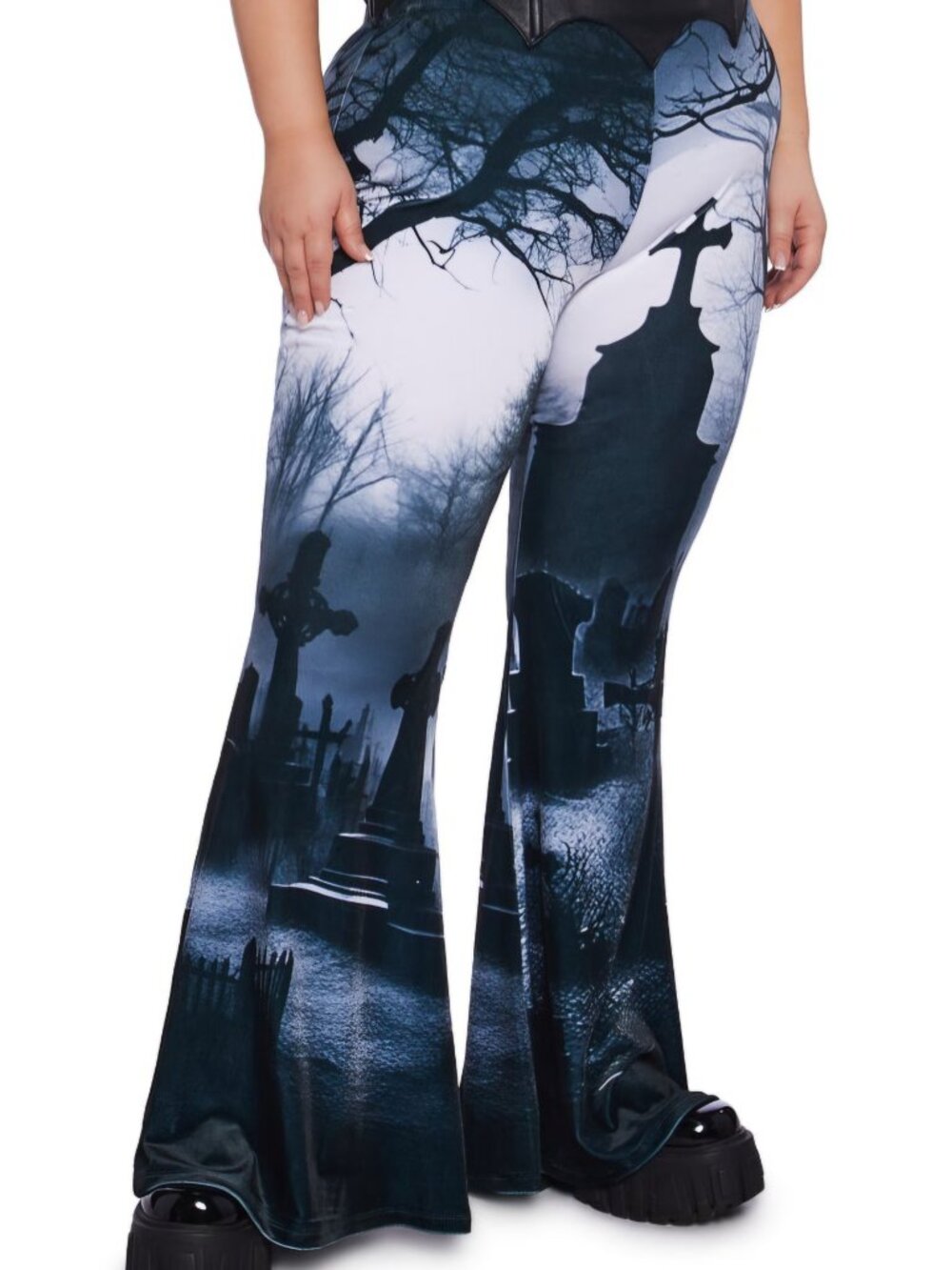 Dolls Kill Trickz N Treatz 2X Plus Spooky Sanctuary Flare Pants Cemetery Grave - Picture 2 of 5